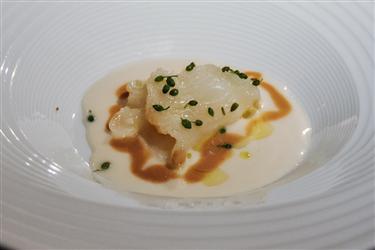 Mugaritz, Filet of hake and milky reduction of stewed cabbage sprouts. Luscious citrus spread